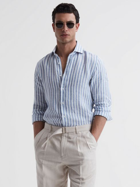Reiss Soft Blue Herringbone Stripe Ruban Linen Long Sleeve Shirt | Reiss UK