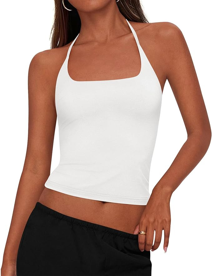 KIRUNDO Halter Tops for Women Crop Tank Going Out Tops Y2k Trendy Camisole Workout Sleeveless Bac... | Amazon (US)