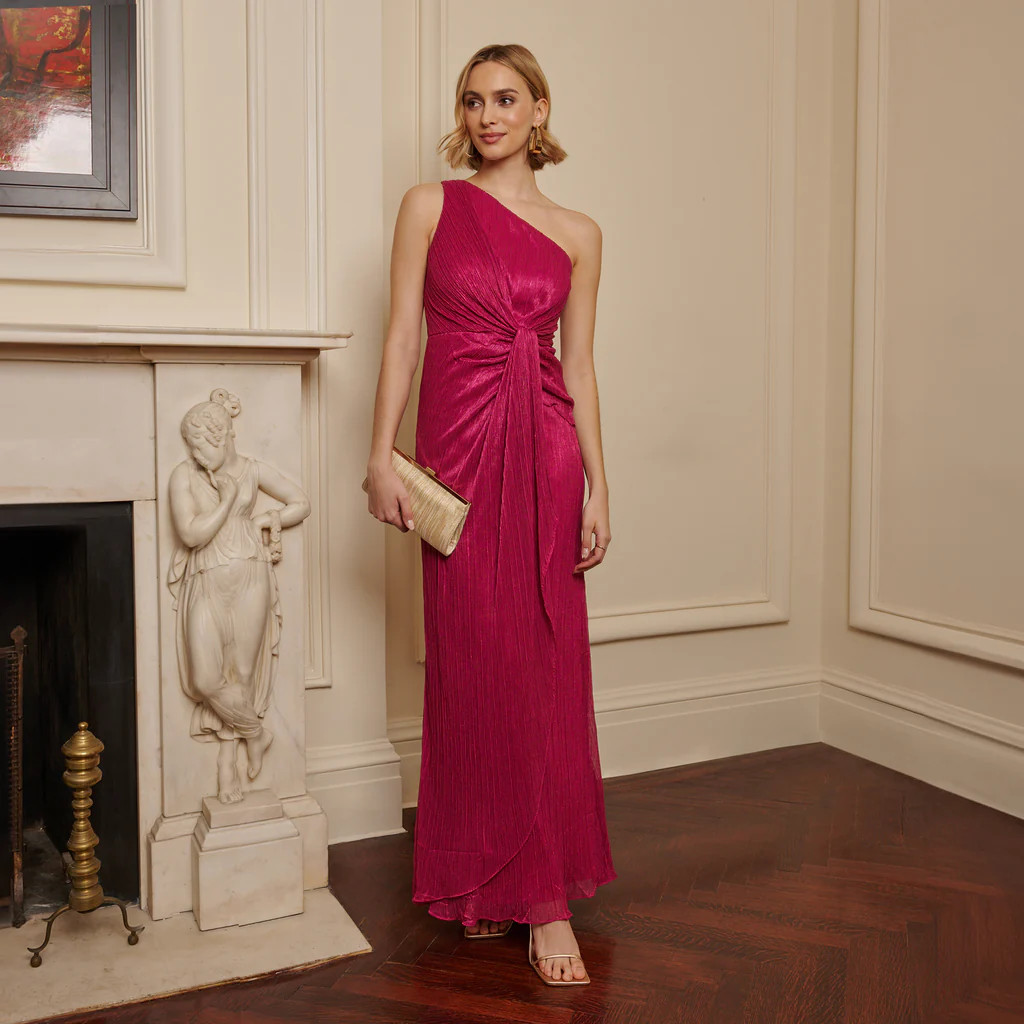 Stardust Pleated Draped One Shoulder Gown In Magenta | Adrianna Papell