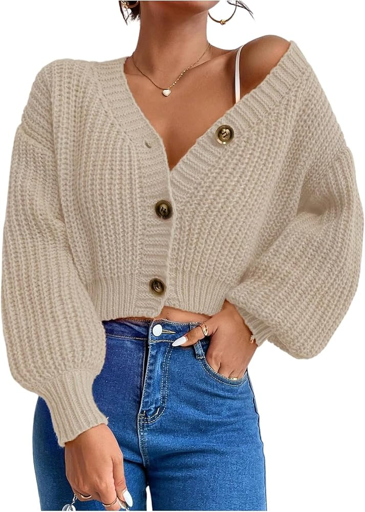 GORGLITTER Women's Button Up Cropped Cardigan Sweaters Chunky Knit Long Sleeve Trendy 2025 Fall C... | Amazon (US)