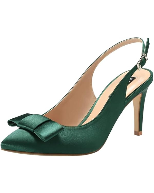 ERIJUNOR Pointy Toe Pumps Mid Heels Wedding Evening Party Prom Slingback Satin Shoes | Amazon (US)