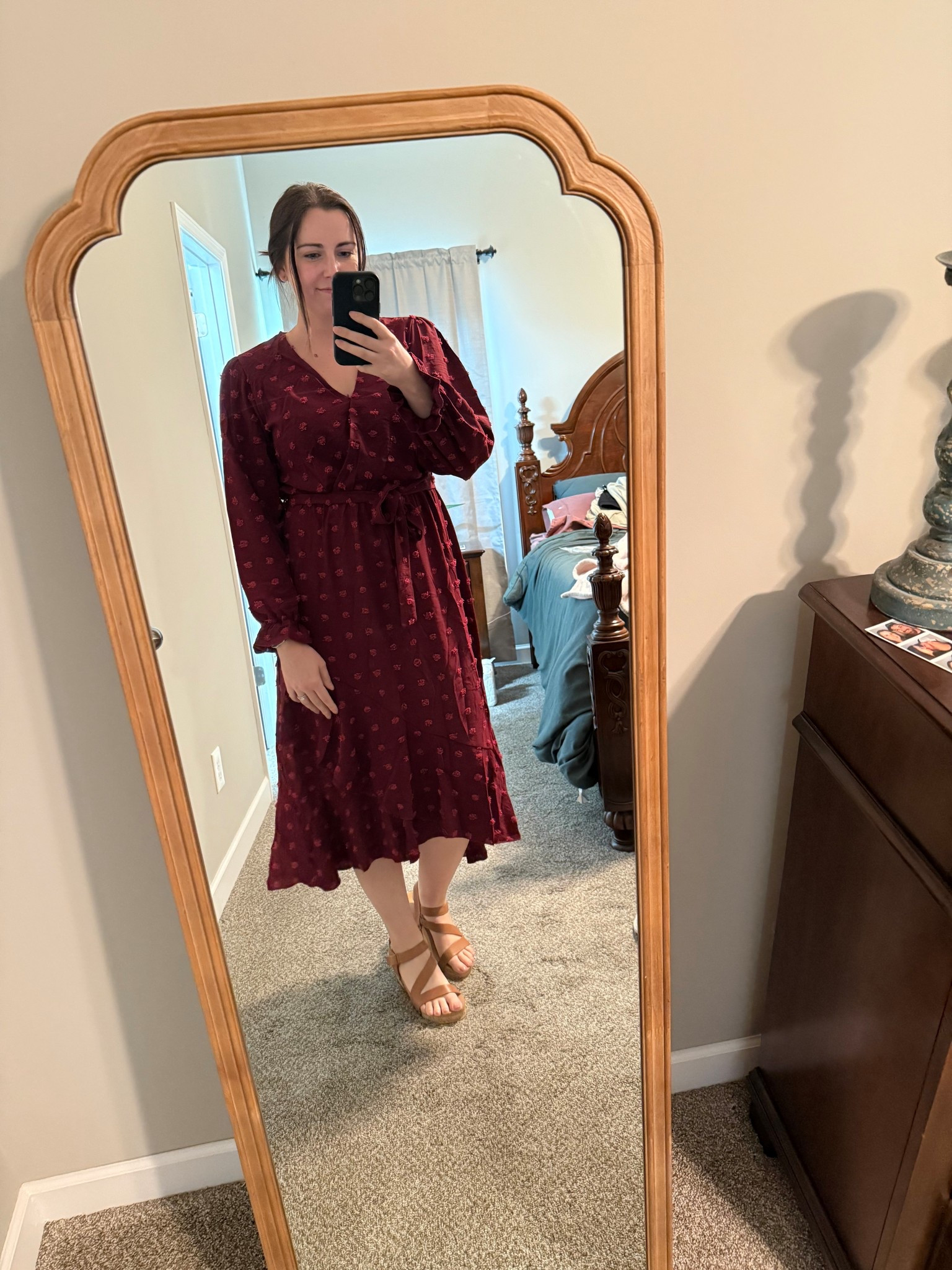 Wedding guest dress for a wedding we're going to in November!!

Fall dress, fall vibes, church dress, long sleeve dress, maxi dress, Swiss dots, burgundy, wine red, fall colors 

 