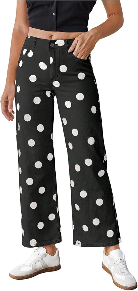 WDIRARA Women's Polka Dots Jeans Vintage Stretchy Straight Leg Denim Pants | Amazon (US)