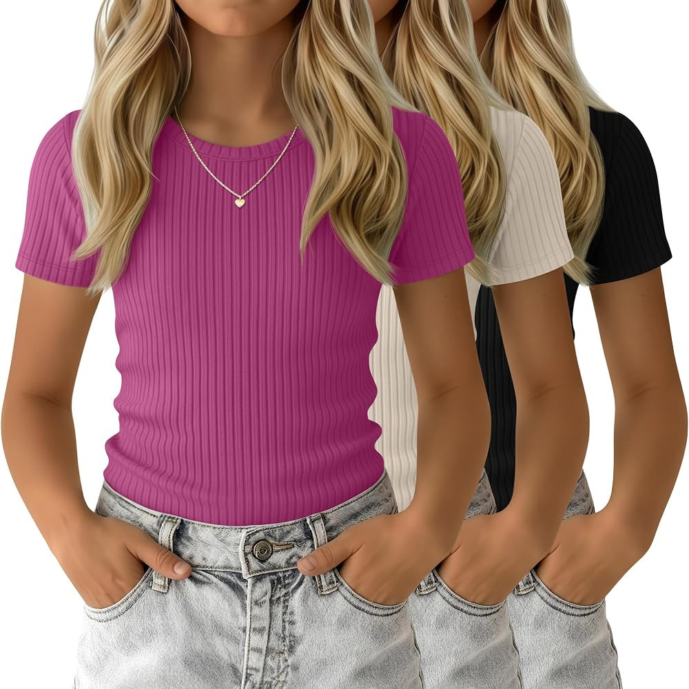 3 Pack Girls' Shirts Cute Basic Tees Tween Summer Ribbed Top Teens Short Sleeve Vacation T-Shirt ... | Amazon (US)