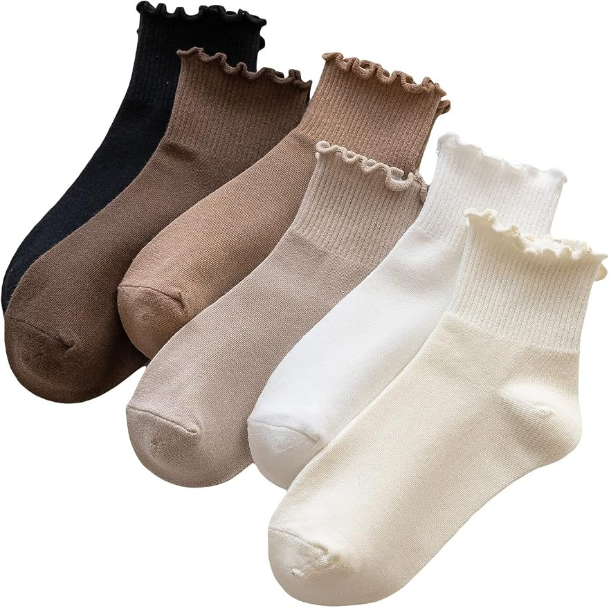 WDIRARA Women's 5 Pairs Lettuce Trim Ankle Socks Casual Socks Knit Socks | Amazon (US)