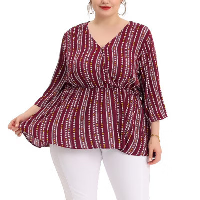 Women's Plus Size Striped Boho V Neck 3/4 Sleeve Peplum Casual Babydoll Blouses - Agnes Orinda Red 4X | Target
