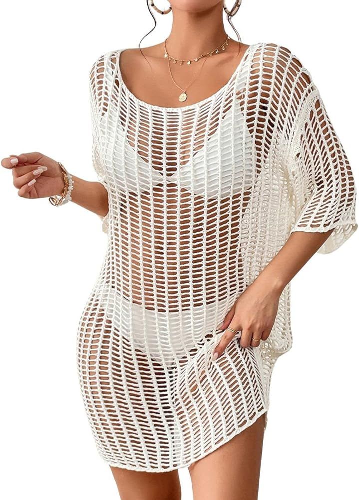 Bsubseach Crochet Beach Cover Up for Women Hollow Out Swimsuit Coverup Knit Pullover Beach Dress | Amazon (US)