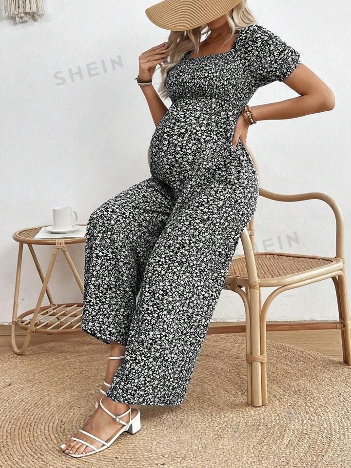 SHEIN Maternity Fashionable Draped Floral Wide Leg Jumpsuit | SHEIN