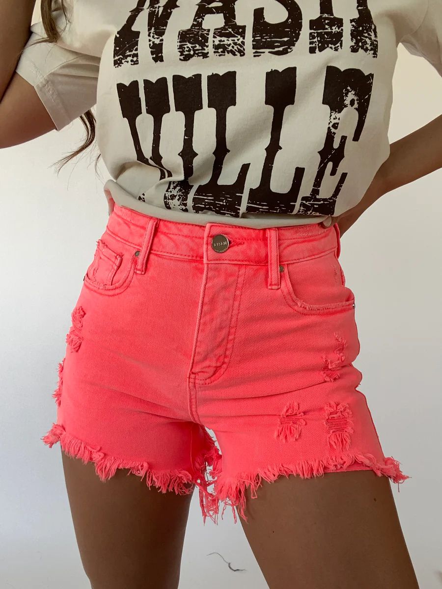 Tropics Distressed Risen Shorts- Neon Coral | Willow Boutique