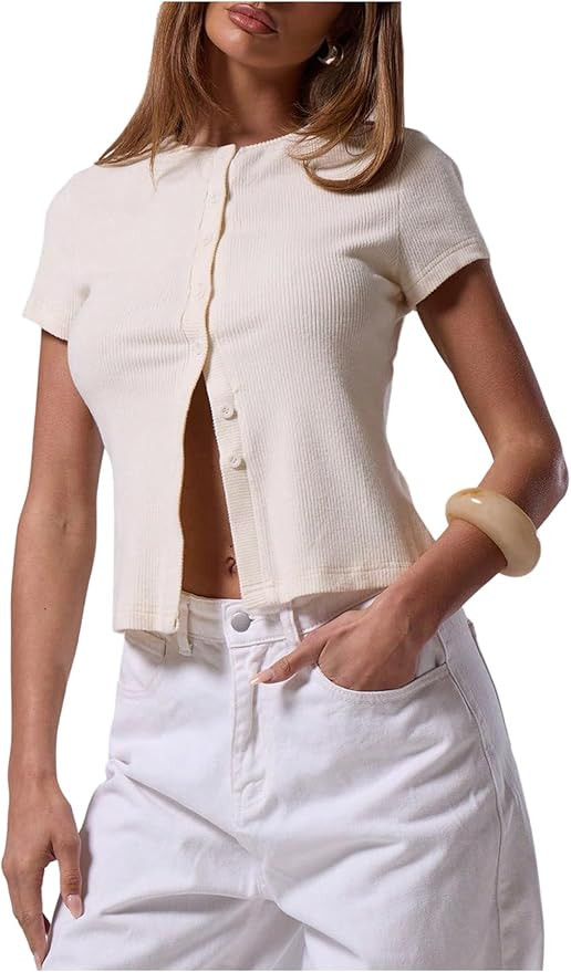 SHENHE Women's Short Sleeve Button Down Shirts Dressy Crew Neck Ribbed Fitted Knit Tops | Amazon (US)