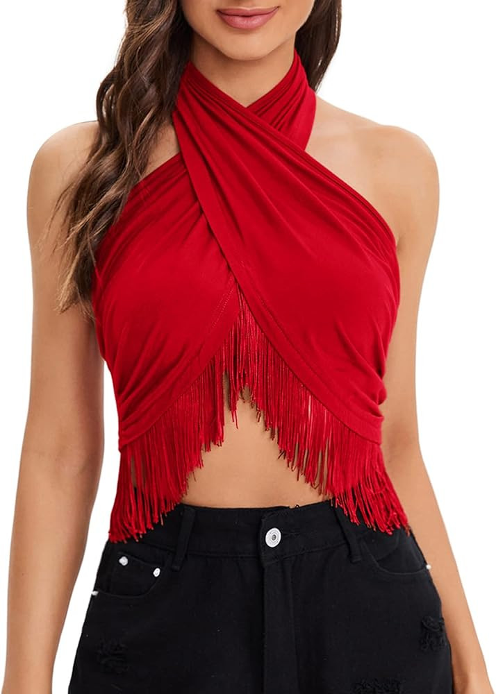 Verdusa Women's Fringe Trim Criss Cross Wrap Tie Knot Crop Halter Top | Amazon (US)