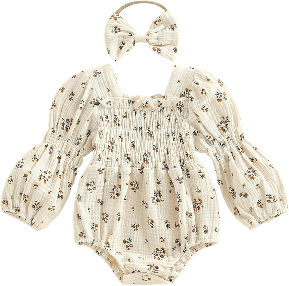 Smocked Baby Girl Clothes Newborn Girl Bubble Romper Long Sleeve Jumpsuit And Headband Outfit Cut... | Amazon (US)