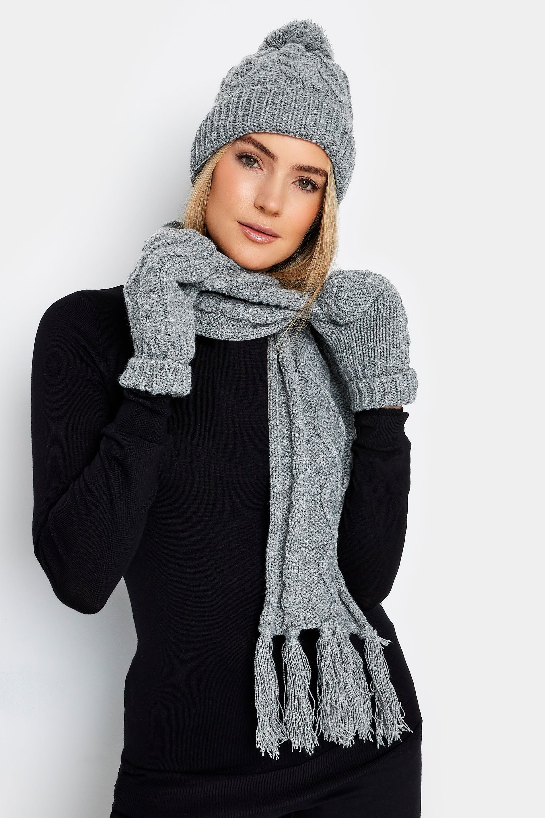 Yours Grey Cable Knit Scarf Hat & Gloves Set | Long Tall Sally