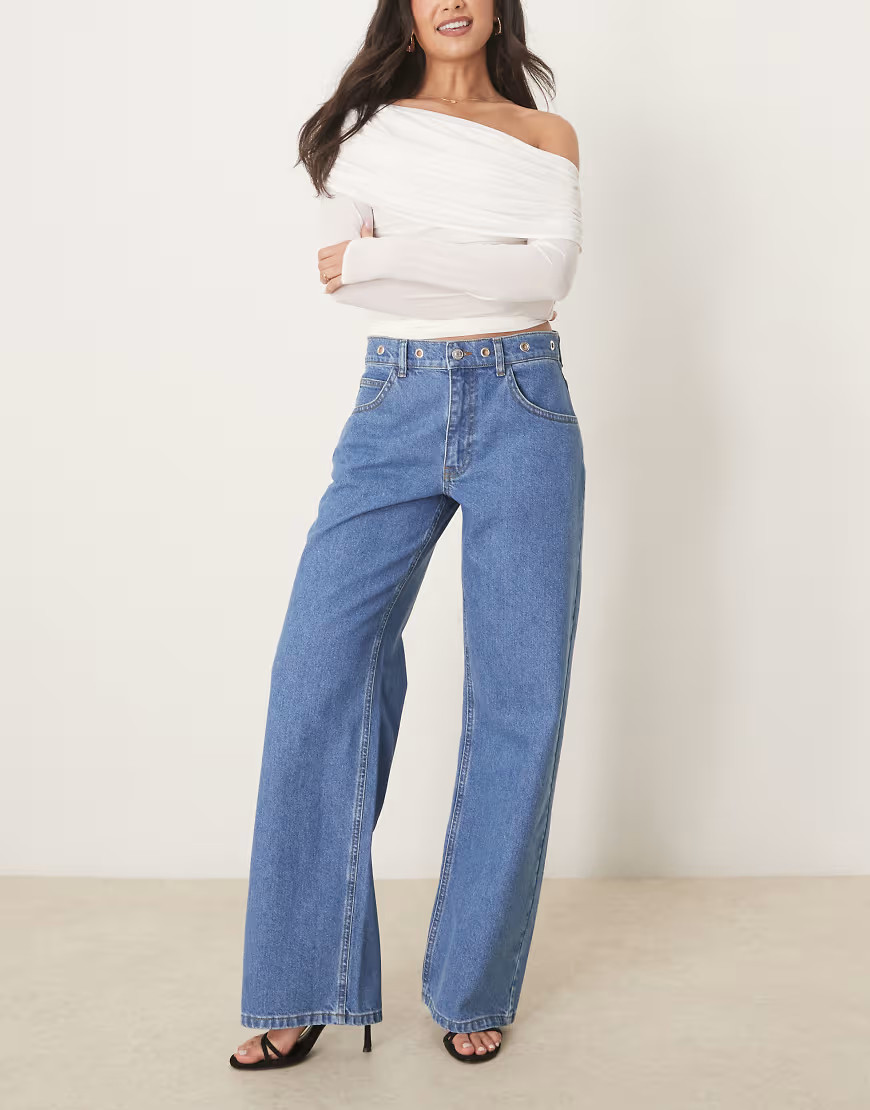 ASOS DESIGN bleached boyfriend jean with eyelet waistband-Blue | ASOS (Global)