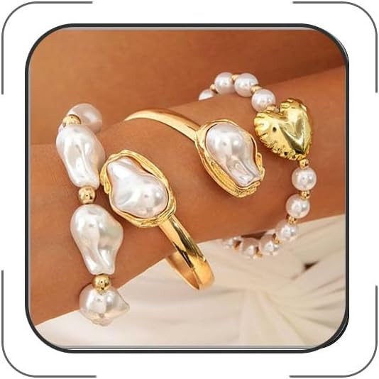 Chunky Gold Bracelets for Women Liquid Pleats Metal Wide Bangle Irregular Baroque Pearl Beaded Br... | Amazon (US)
