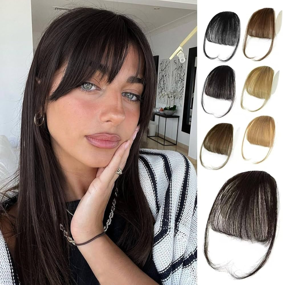 NAYOO Bnags Hair Clip- Dark Brown Fake Bangs 100% Real Human Hair Extensions Wispy Bangs for Wome... | Amazon (US)