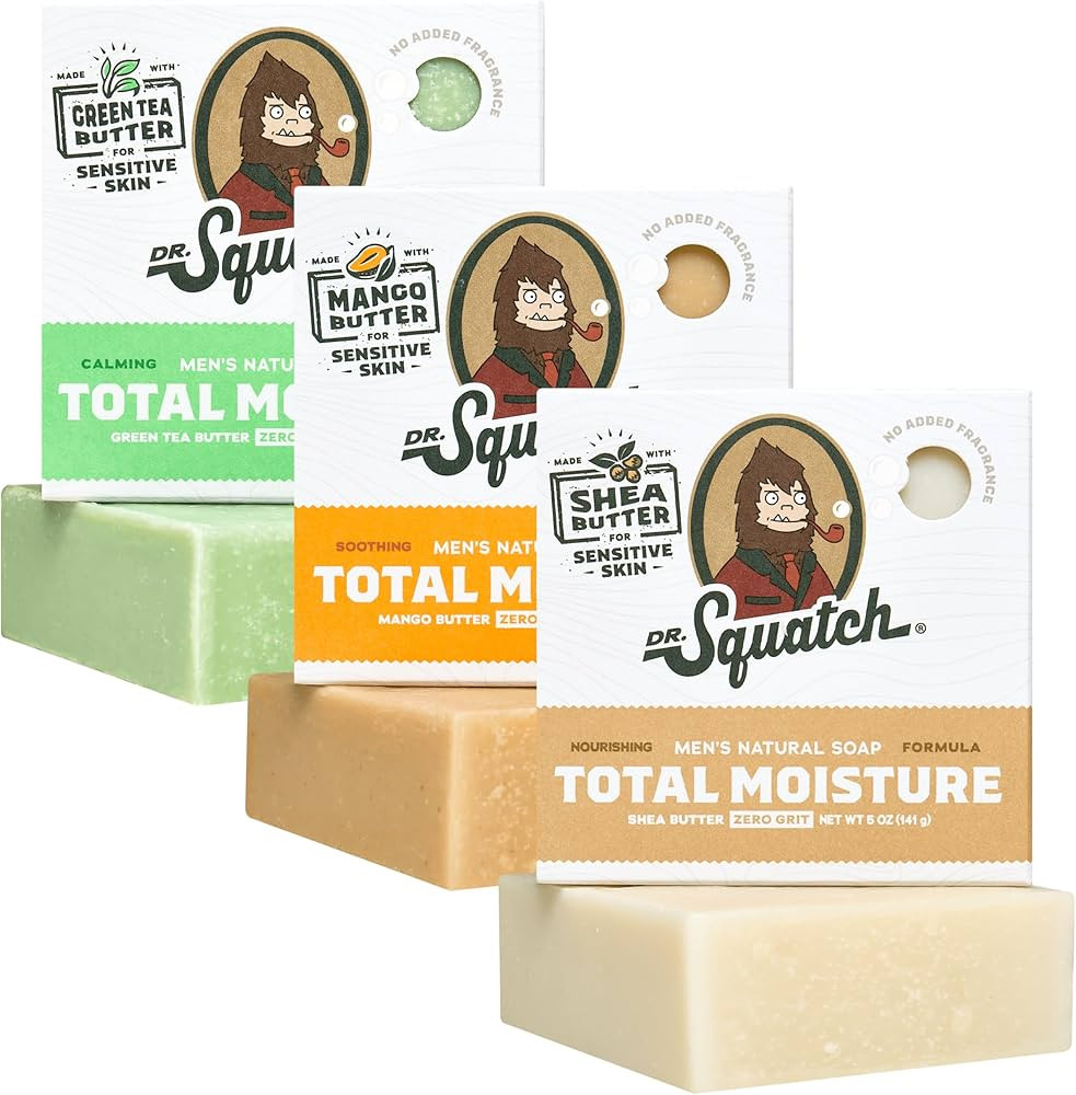 Dr. Squatch NEW Total Moisture Men's Bar Soap - 3-Pack Unscented Shea Butter, Mango Butter, Green... | Amazon (US)