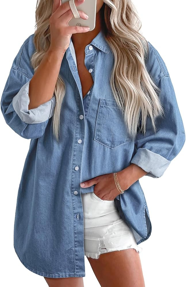 Astylish Women Denim Shirts Button Down Blouse V Neck Casual Tops | Amazon (US)