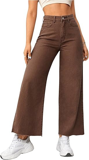 MakeMeChic Women's Denim Raw Wide Leg Trousers Straight Loose Baggy Y2K Jeans with Pocket | Amazon (US)