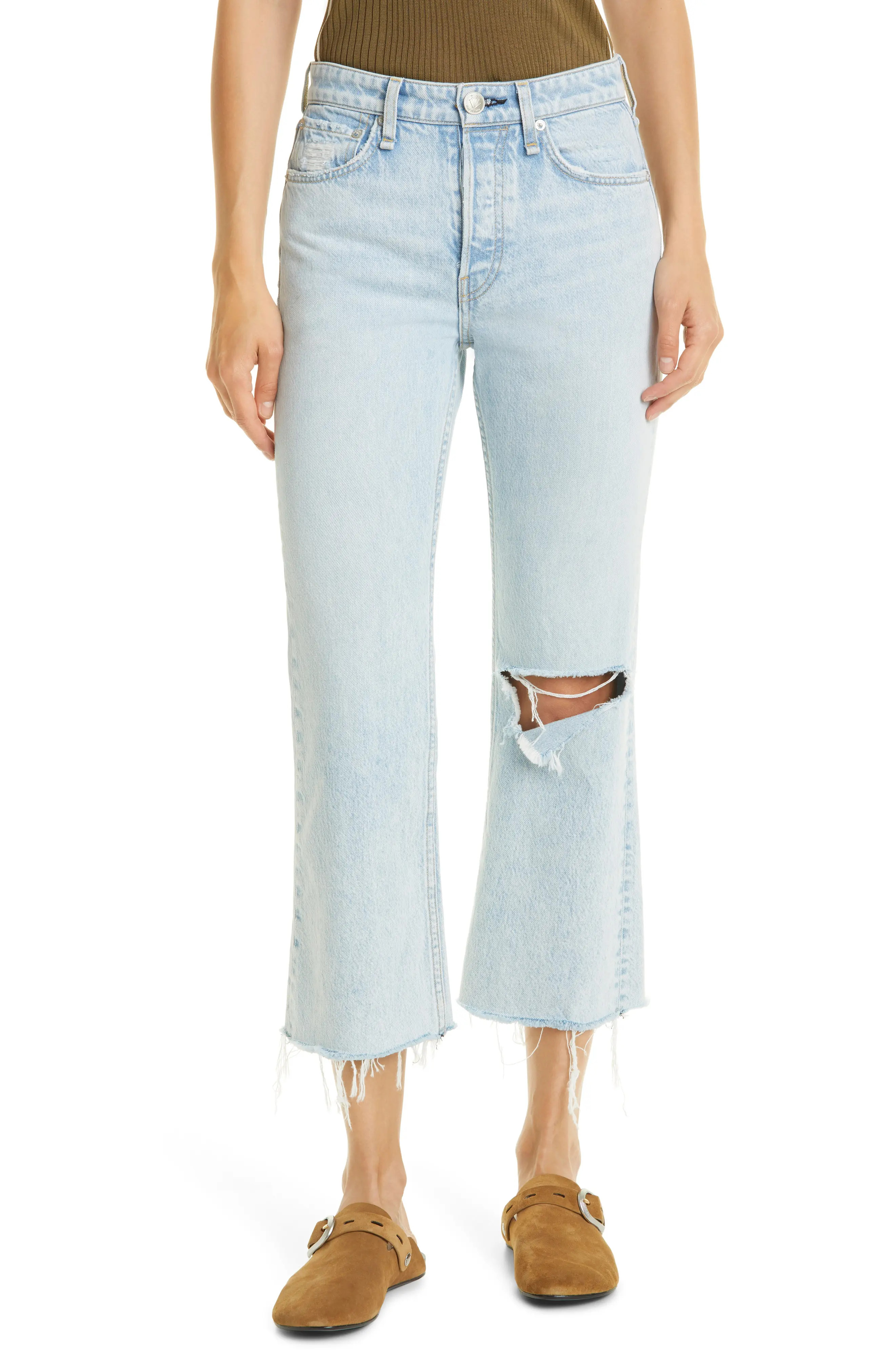 Women's Rag & Bone Maya High Waist Ripped Raw Hem Crop Flare Leg Jeans, Size 32 - Blue | Nordstrom
