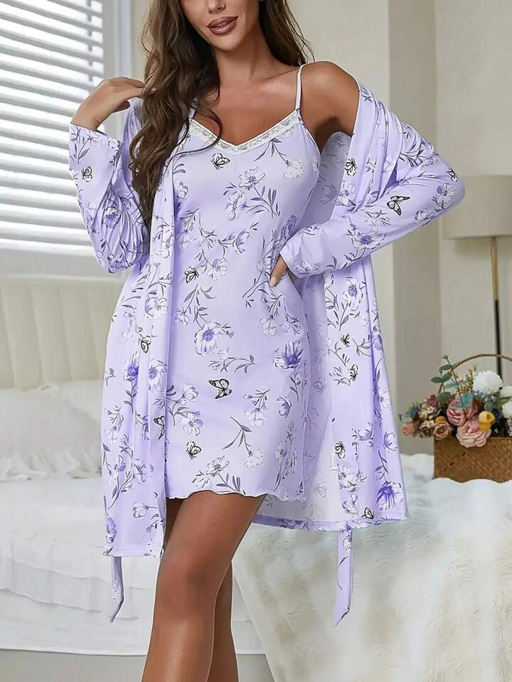 Pajama Set Lace Edge Satin Nightgown With Robe Elegant Ruffled Mid-Length Sexy Vest 2-Piece Set S... | SHEIN