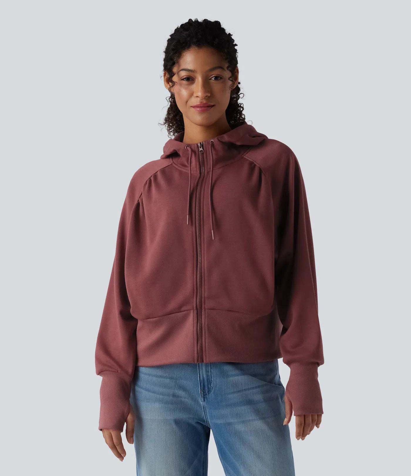 Women’s Hooded Drawstring Zipper Long Sleeve Thumb Hole Casual Sweatshirt with Pockets - Halara | HALARA