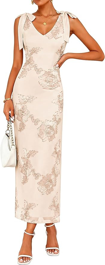 Lazysmile Womens Floral Embroidered Maxi Dress Sleeveless V Neck Tie Strap Ribbon Flower Mesh Par... | Amazon (US)