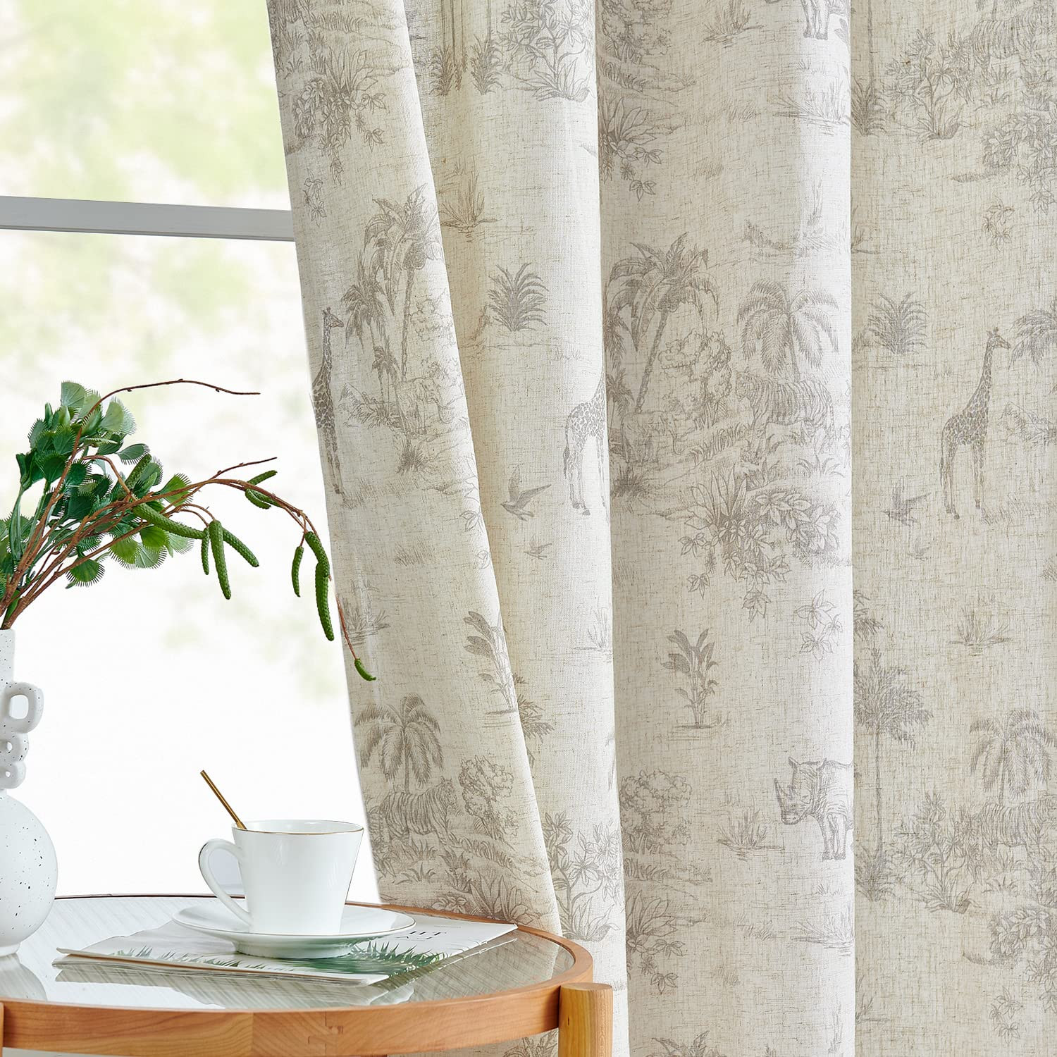 jinchan Linen Toile Curtains Farmhouse Floral Curtains 96 Inches Long for Living Room Toile de Jouy French Country Curtain Grommet Top Light Filtering Window Drapes for Bedroom 2 Panels Grey on Beige | Amazon (US)