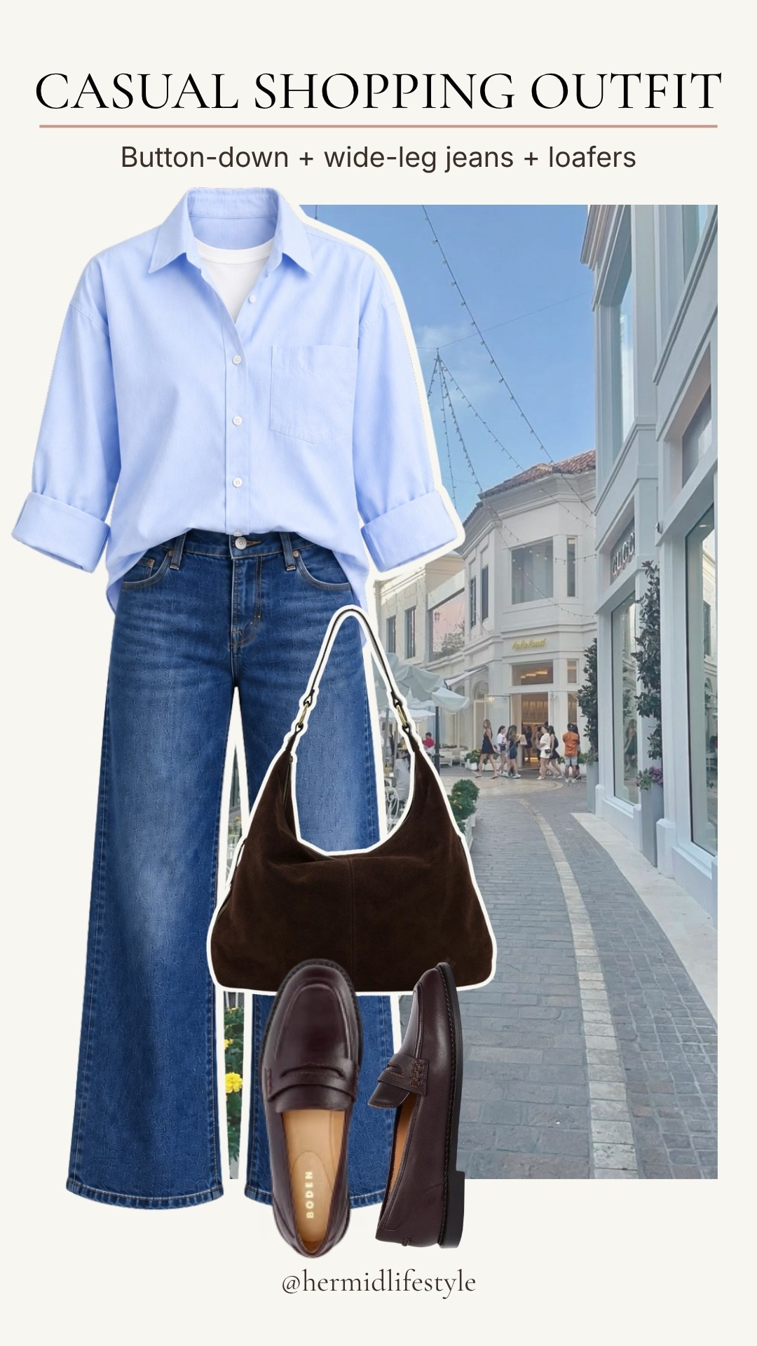 A classic button-down and wide-leg jeans make such an easy shopping-day outfit. I added brown loafers and a coordinating shoulder bag for a simple, polished look that’s comfortable enough for browsing the shops.

#LTKootd #LTKgrwm #LTKOver40