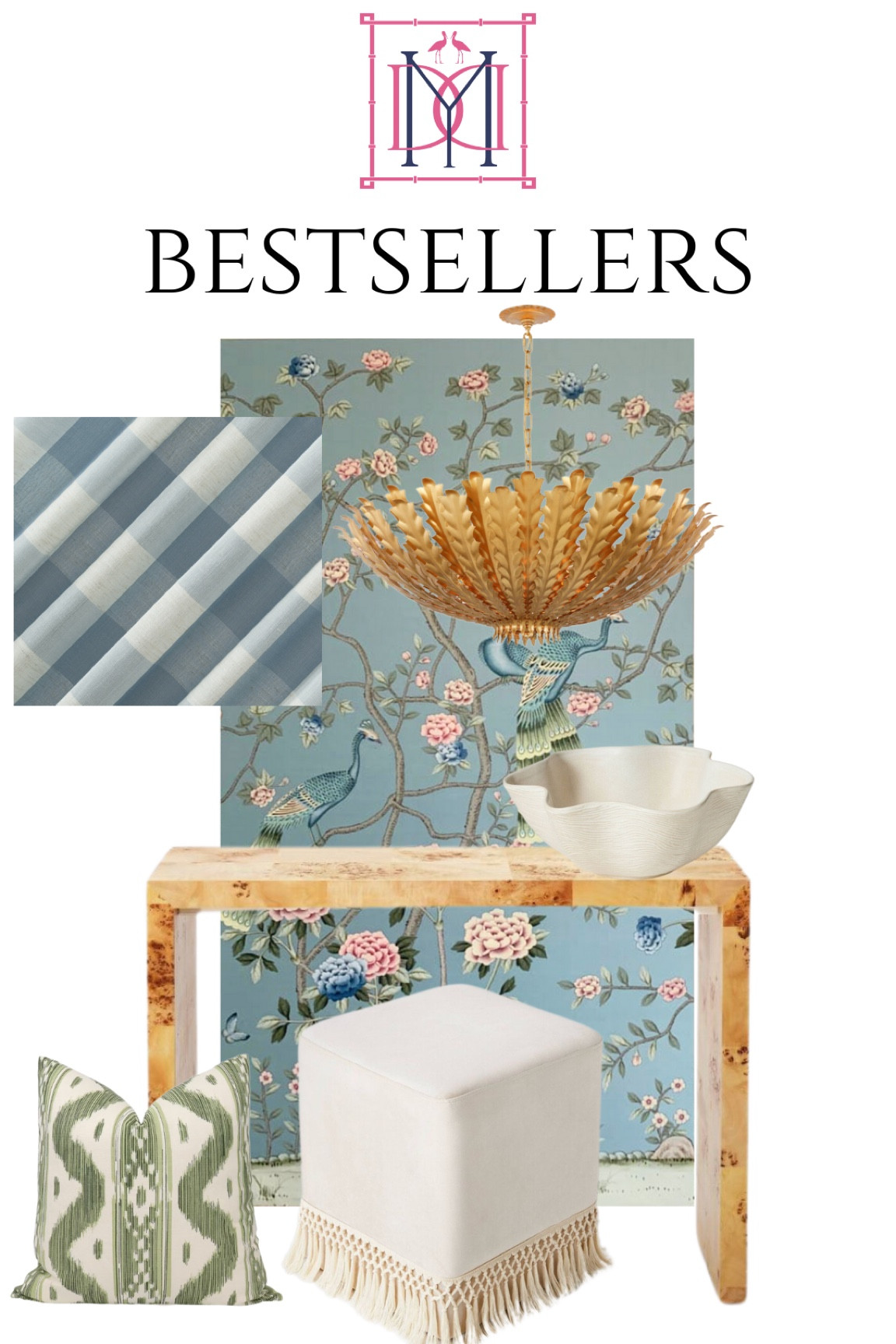 September bestsellers! Blue gingham curtains, Visual Comfort Hampton chandelier, chinoiserie panel. Burl wood console, Target burl wood console, upholstered ottoman with fringe, Bali hai pillow, scalloped bowl target 