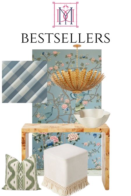 September bestsellers! Blue gingham curtains, Visual Comfort Hampton chandelier, chinoiserie panel. Burl wood console, Target burl wood console, upholstered ottoman with fringe, Bali hai pillow, scalloped bowl target 