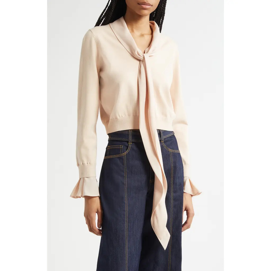 Cinq à Sept Lenu Tie Neck Crop Sweater in Blush Dune at Nordstrom Rack, Size X-Small | Nordstrom Rack