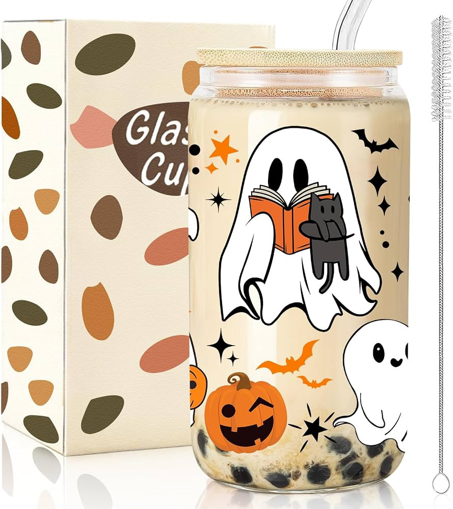 Ghost Cups, 16 oz Cute Halloween Cup, Glass Halloween Tumbler with Lid and Straw, Fall Iced Coffe... | Amazon (US)