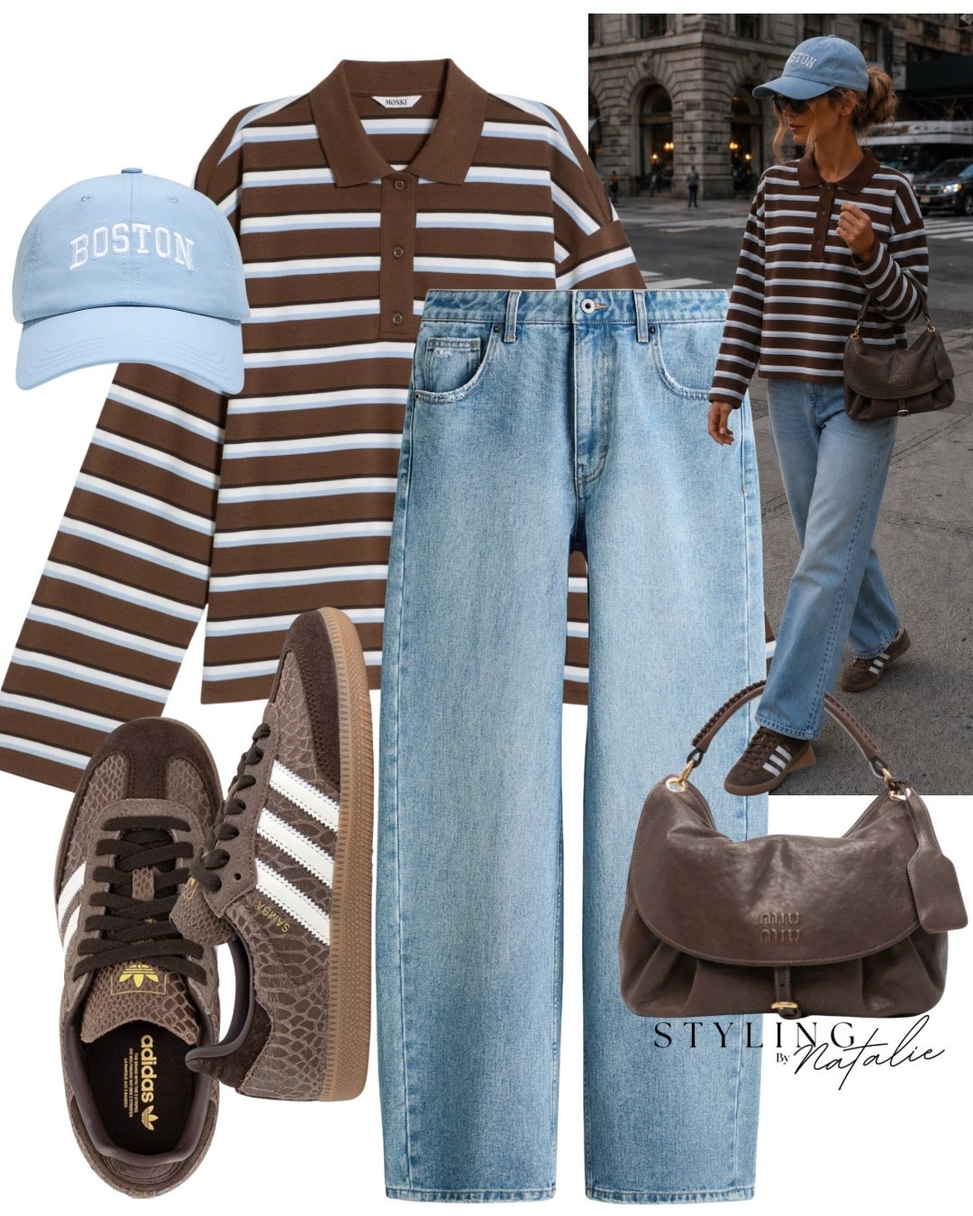 Stripe blue/brown long sleeve polo top, straight leg jeans, brown adidas samba trainers, Miu Miu bag and baby blue Boston baseball cap. 
Transitional outfit, fall fashion, autumn look, sneakers, rugby top, elevated casual, cool girl chic.

#LTKuk #LTKeurope #LTKautumn