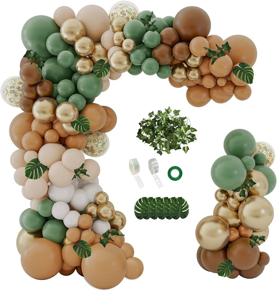 142PCS Sage Green Brown Balloon Garland Kit Jungle Safari Wild Woodland Balloon Arch Olive Green ... | Amazon (US)
