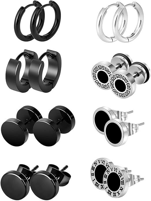 Men Wowan Stainless Steel Stud Earrings Set Sliver Black 8 Pairs | Amazon (US)