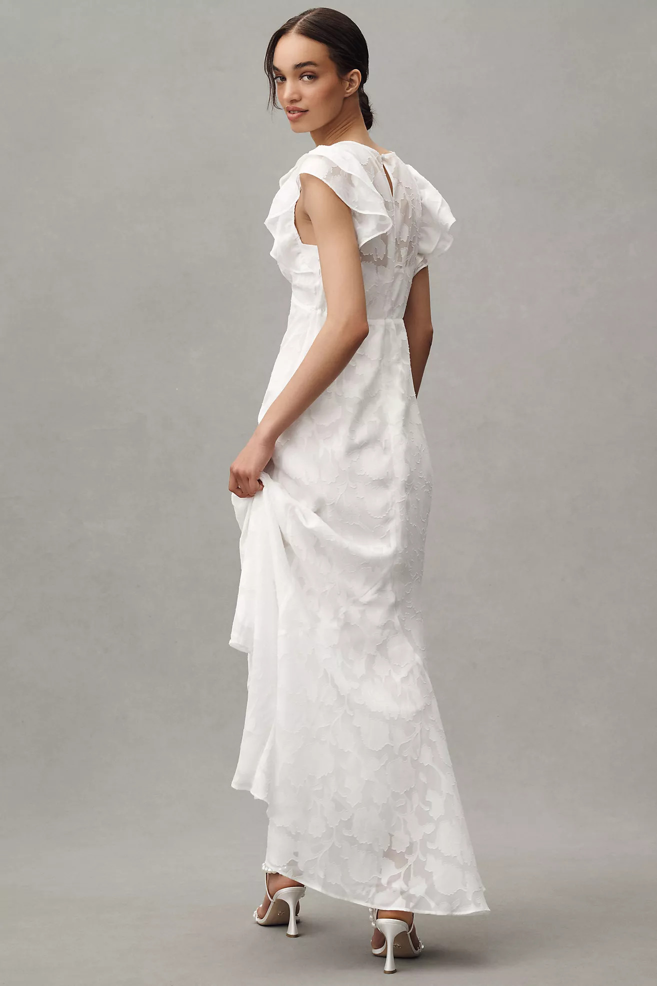 BHLDN Flutter-Sleeve V-Neck Floral Chiffon A-Line Maxi Dress | Anthropologie (US)