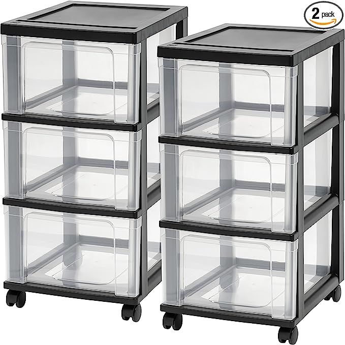 IRIS USA NC-3 Wide Storage Drawer Cart, (2 Pack), Black/Natural Clear | Amazon (US)