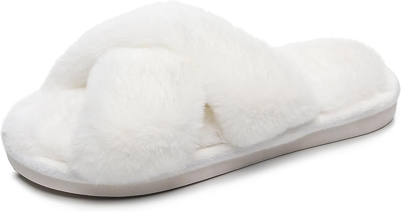 Crazy Lady Women's Fuzzy Fluffy Furry Fur Slippers Flip Flop Open Toe Cozy House Memory Foam Sand... | Amazon (US)