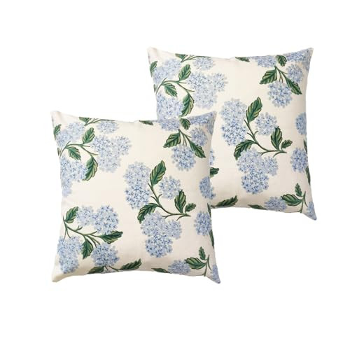 Btyrle Blue Hydrangea Flower Throw Pillow Covers 16x16 Inch Set of 2 Decorative Farmhouse Cotton Linen Floral Pillowcases Square Spring Summer Floral Cushion Covers for Couch Sofa, Cream White | Amazon (US)
