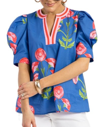 Y2k Women Boho Floral Blouse Puff Short Sleeve V Neck Vintage Flower Print Patchwork Shirt Going ... | Amazon (US)