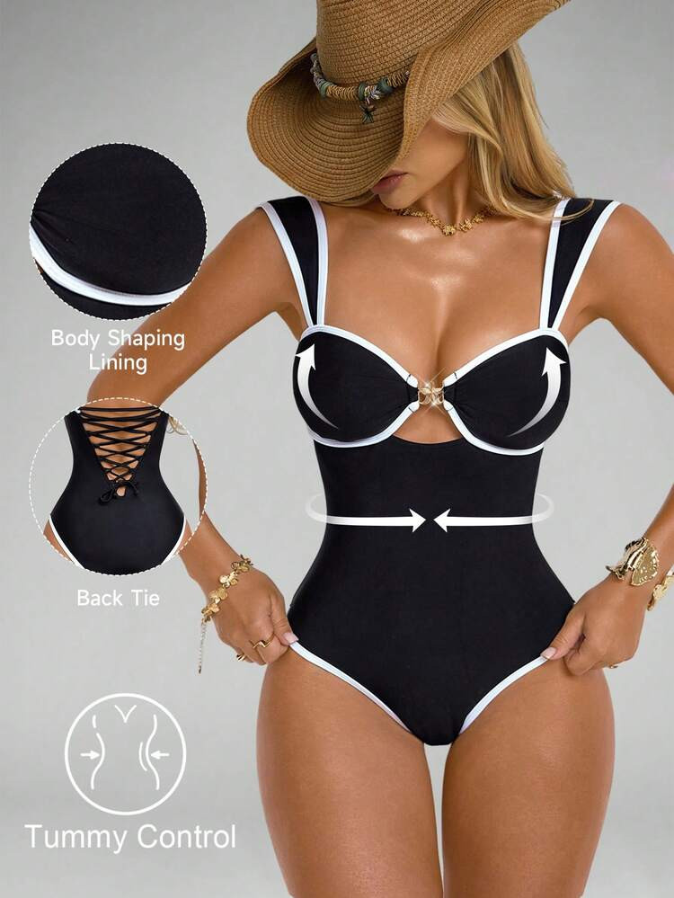 Shapewave Women's One-Piece Black And White Starfish Print Push-Up, Tummy Control, Criss-Cross Back Swimsuit, Beach Beach Vacation Holiday Holiday Party Summer | SHEIN