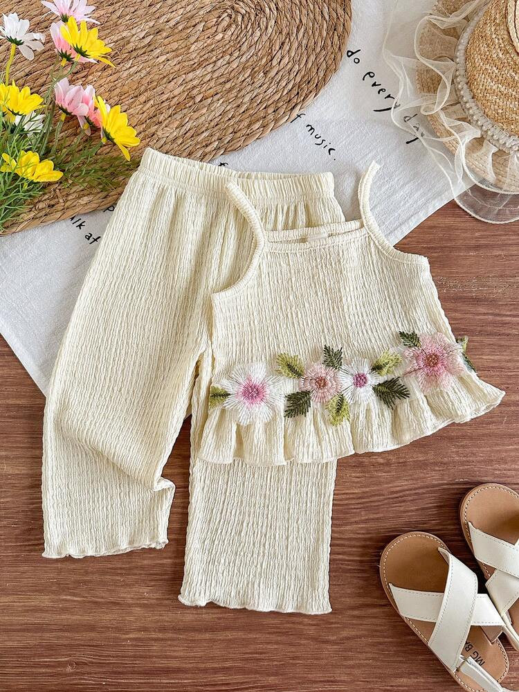 Baby Girls' Casual Everyday Fashion Floral Embroidered Camisole And Solid Color Pants Set, Cute Sunshine Outfit For Summer Outings | SHEIN