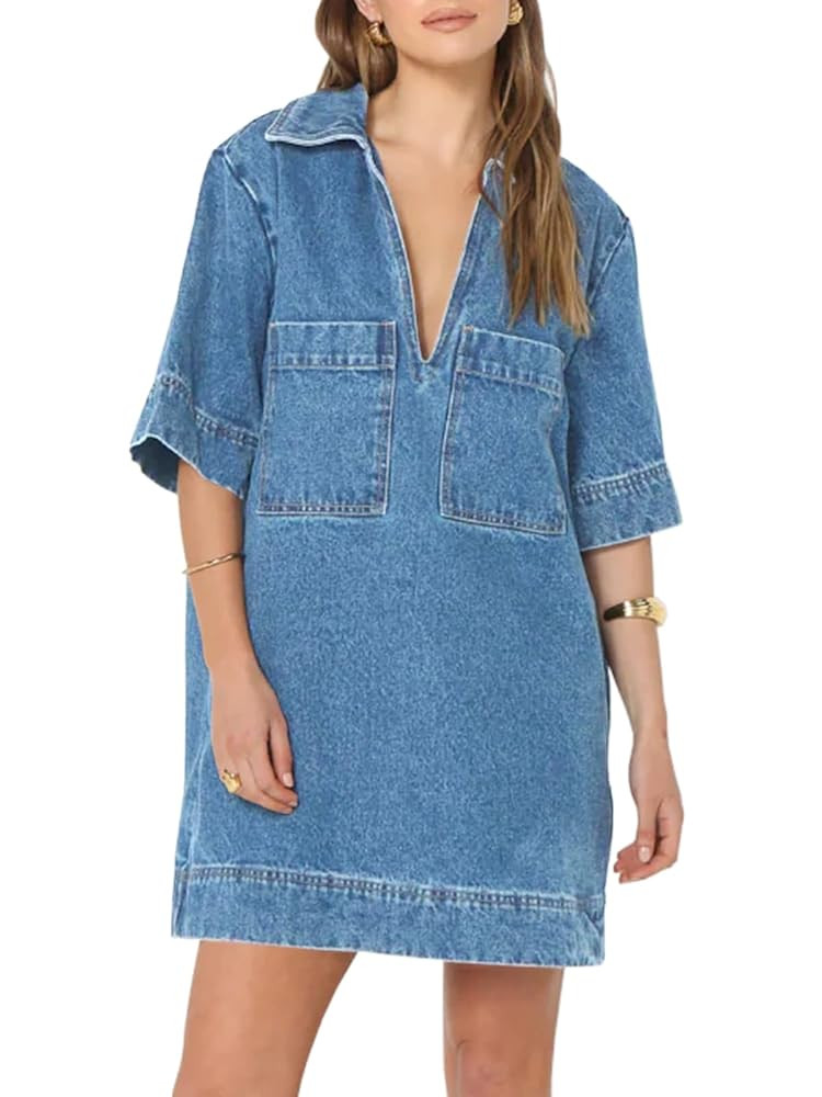 Fisoew Womens Denim Shirt Dress Summer Collared V Neck Mini Casual Jean Dresses with Pockets | Amazon (US)