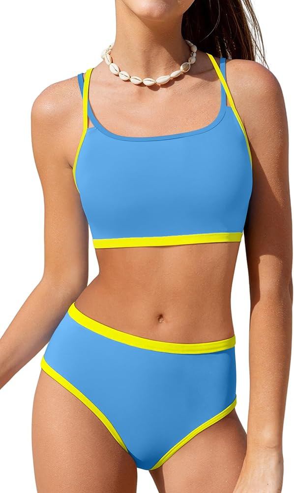 NECIOUS Girls Swimsuit 2 Piece Bikini Sets Cute Color Contrast Trim Bathing Suit with Chest Pad G... | Amazon (US)