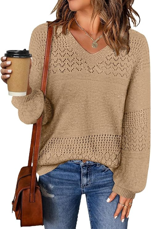 MixShe Womens Knit Sweaters 2025 Fall V Neck Long Sleeve Pullover Casual Loose Tops | Amazon (US)