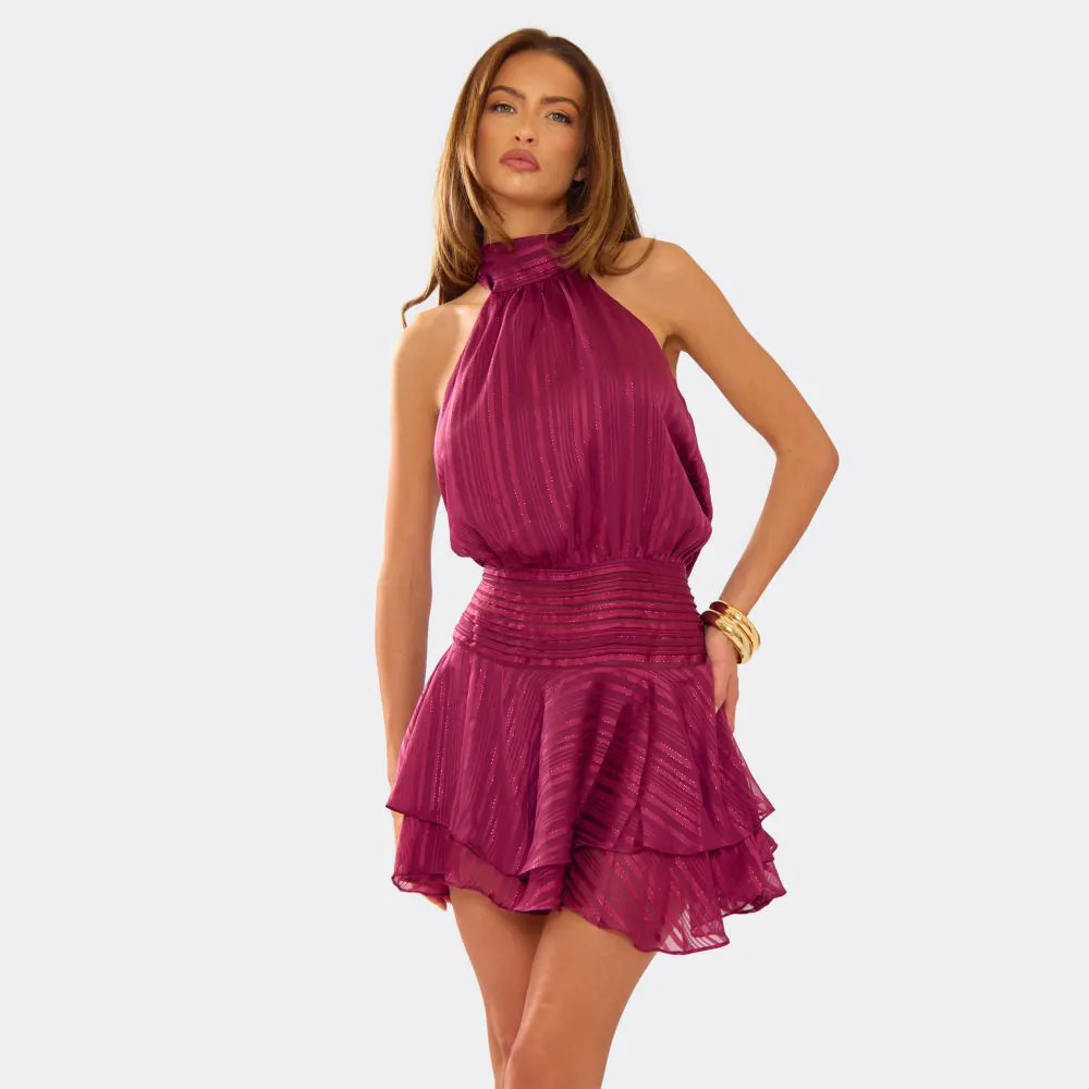 High Neck Open Back Layered Frill Hem Mini Dress In Burgundy | EGO (UK)