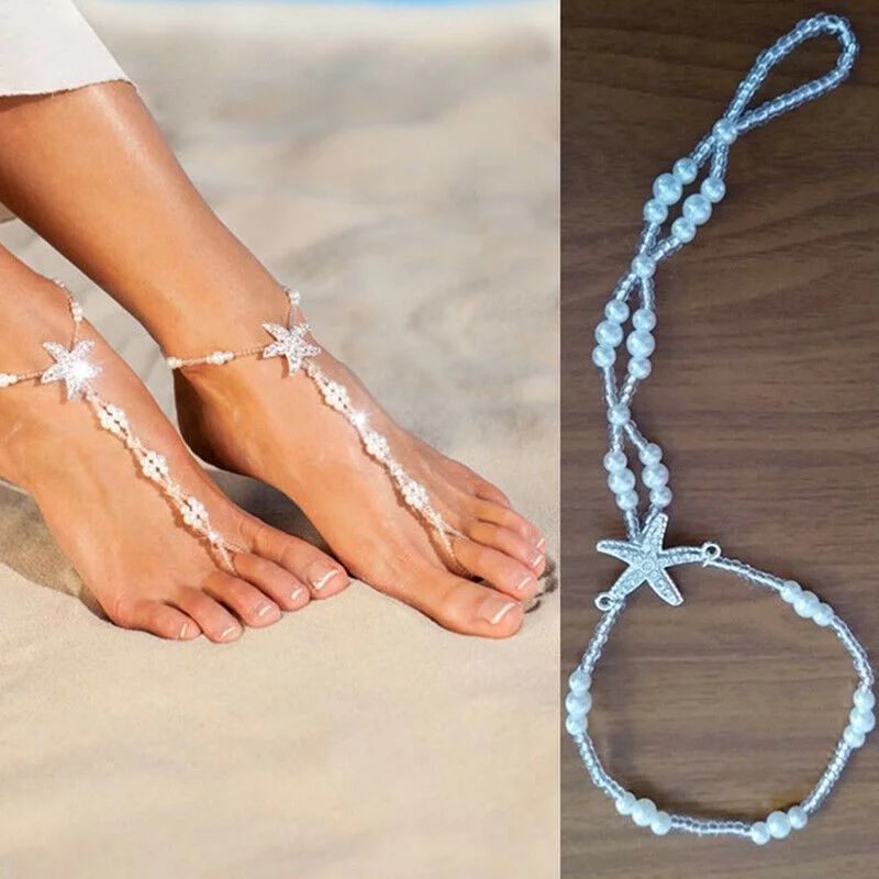 Beach Starfish Barefoot Sandals Pearl Bead Foot Chain Crystal Ankle Bracelet for Women Girls | Walmart (US)