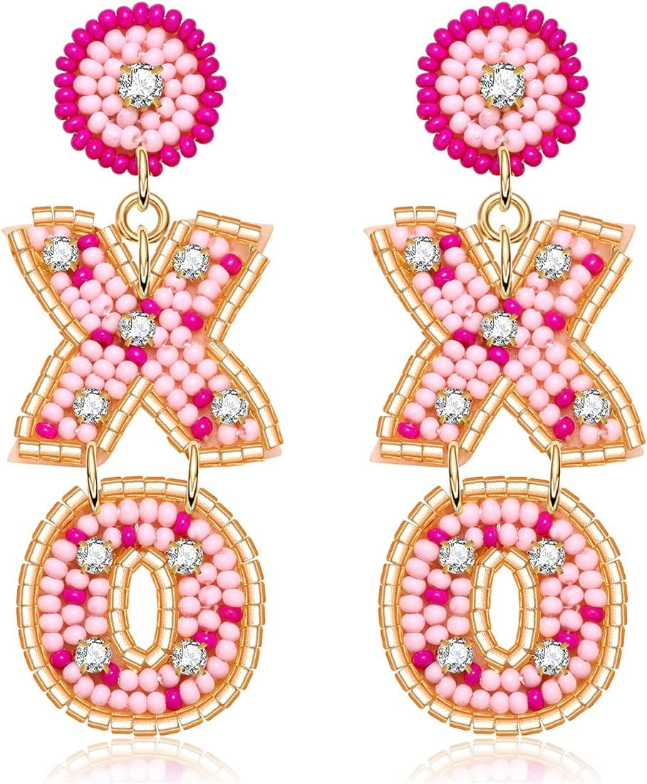 Amazon.com: Valentine’s Day Earrings Beaded XOXO Drop Earrings Fashion Pink Trendy Crystal Big ... | Amazon (US)
