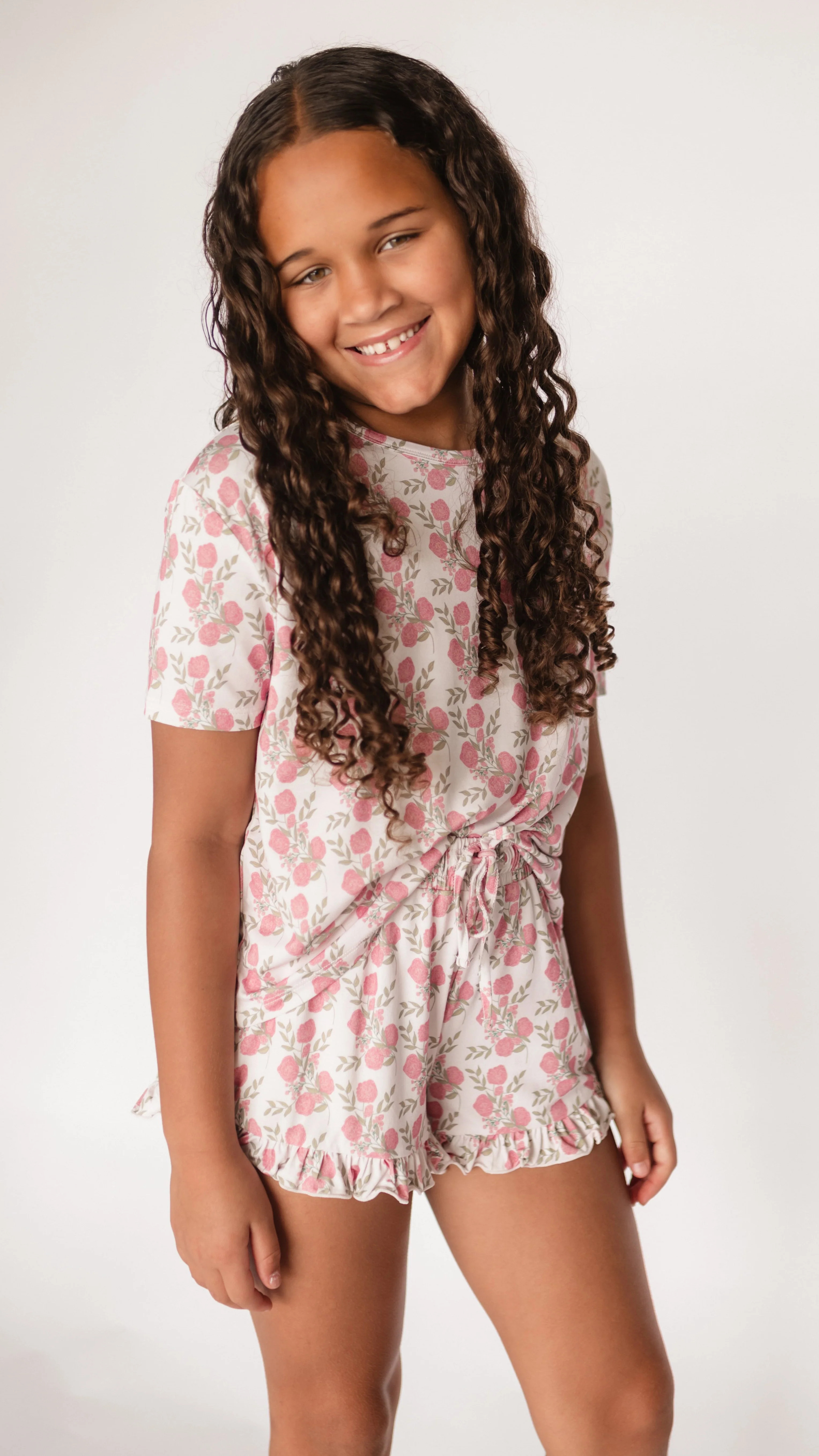 Girls Ruffle Set in Pink Floral | Silks Design